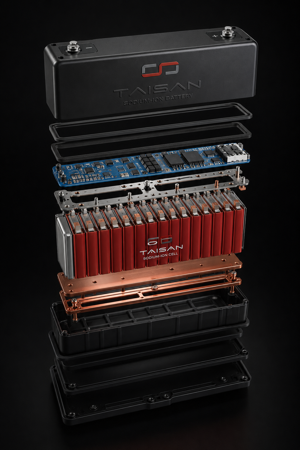 Exploded view of a TaiSan sodium-ion battery pack showing enclosure, BMS, cells, and busbars