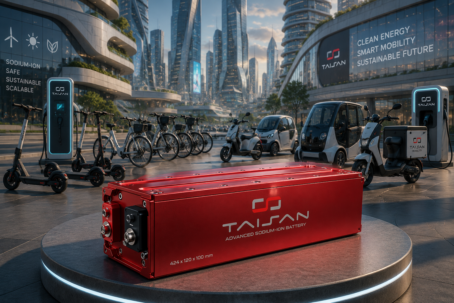 TaiSan sodium-ion pack positioned for urban mobility and scooter use